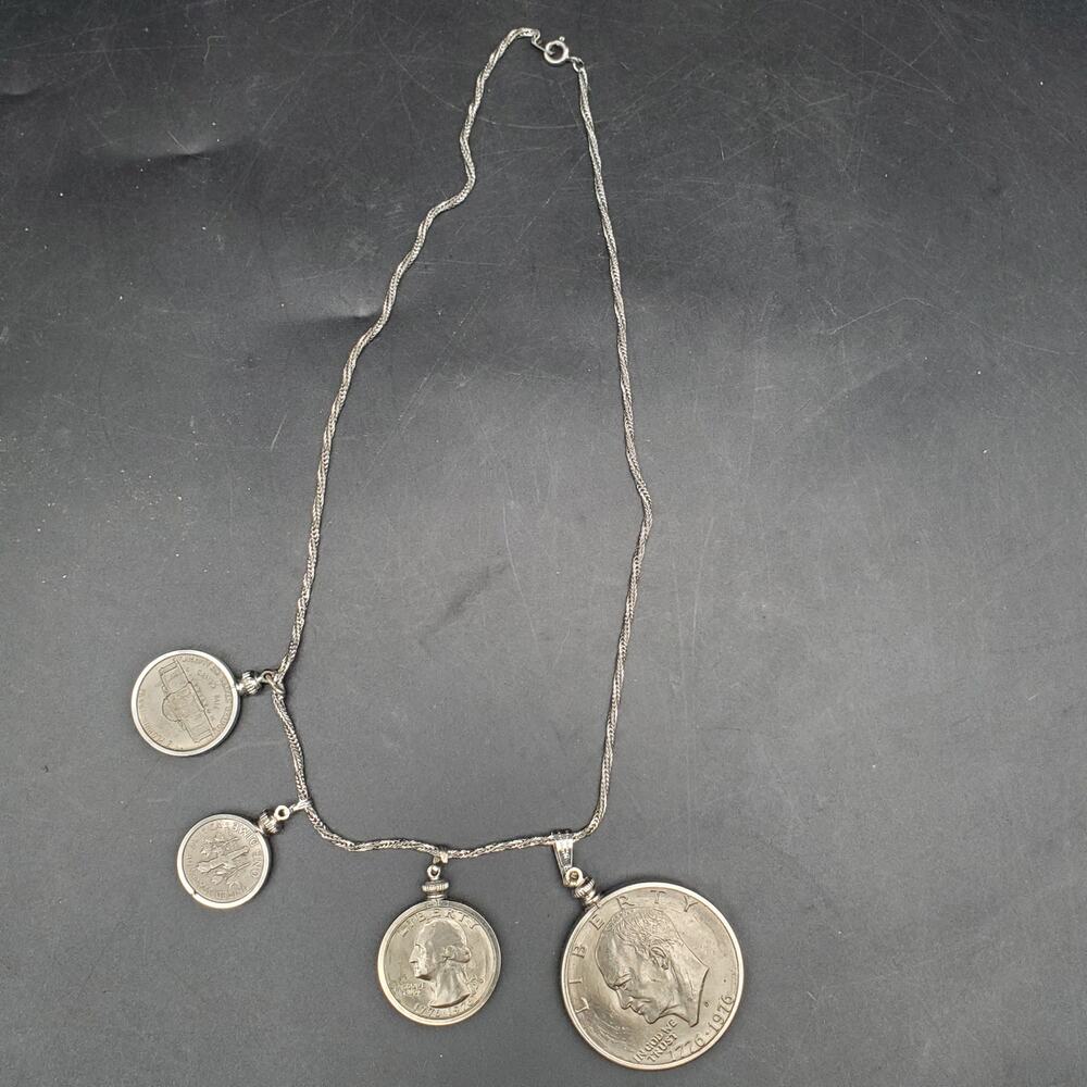 Vintage Bicentennial US Coin Necklace Eisenhower Dollar Quarter Dime Nickel